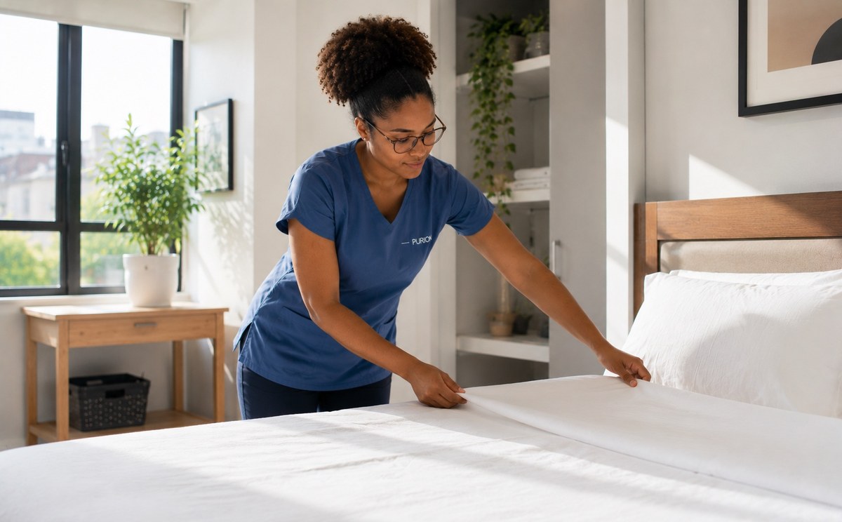 Funcionária da Purion a preparar cama antes do check-in em alojamento local no Porto