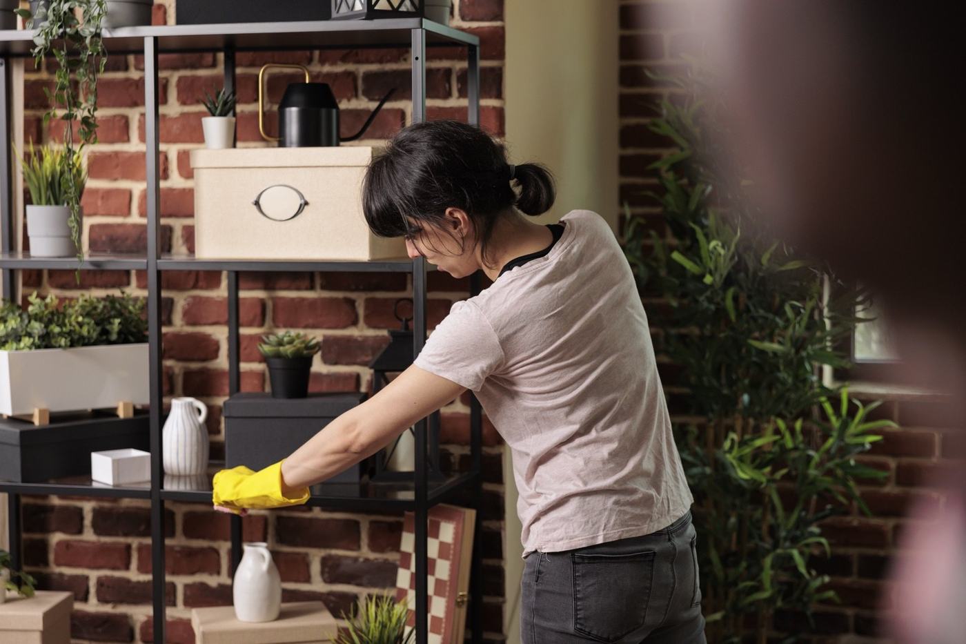 Profissional de limpeza a higienizar prateleiras num apartamento