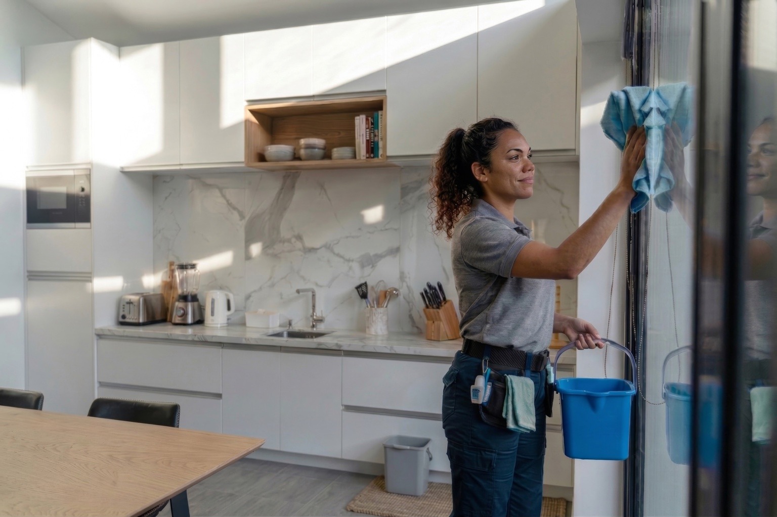Profissional de limpeza a higienizar vidro numa cozinha moderna no Porto