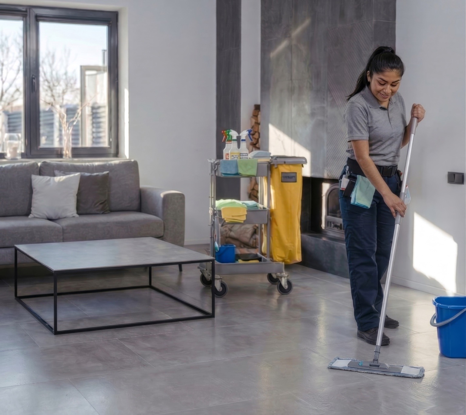 Profissional de limpeza a lavar o chão numa sala moderna com carrinho de apoio