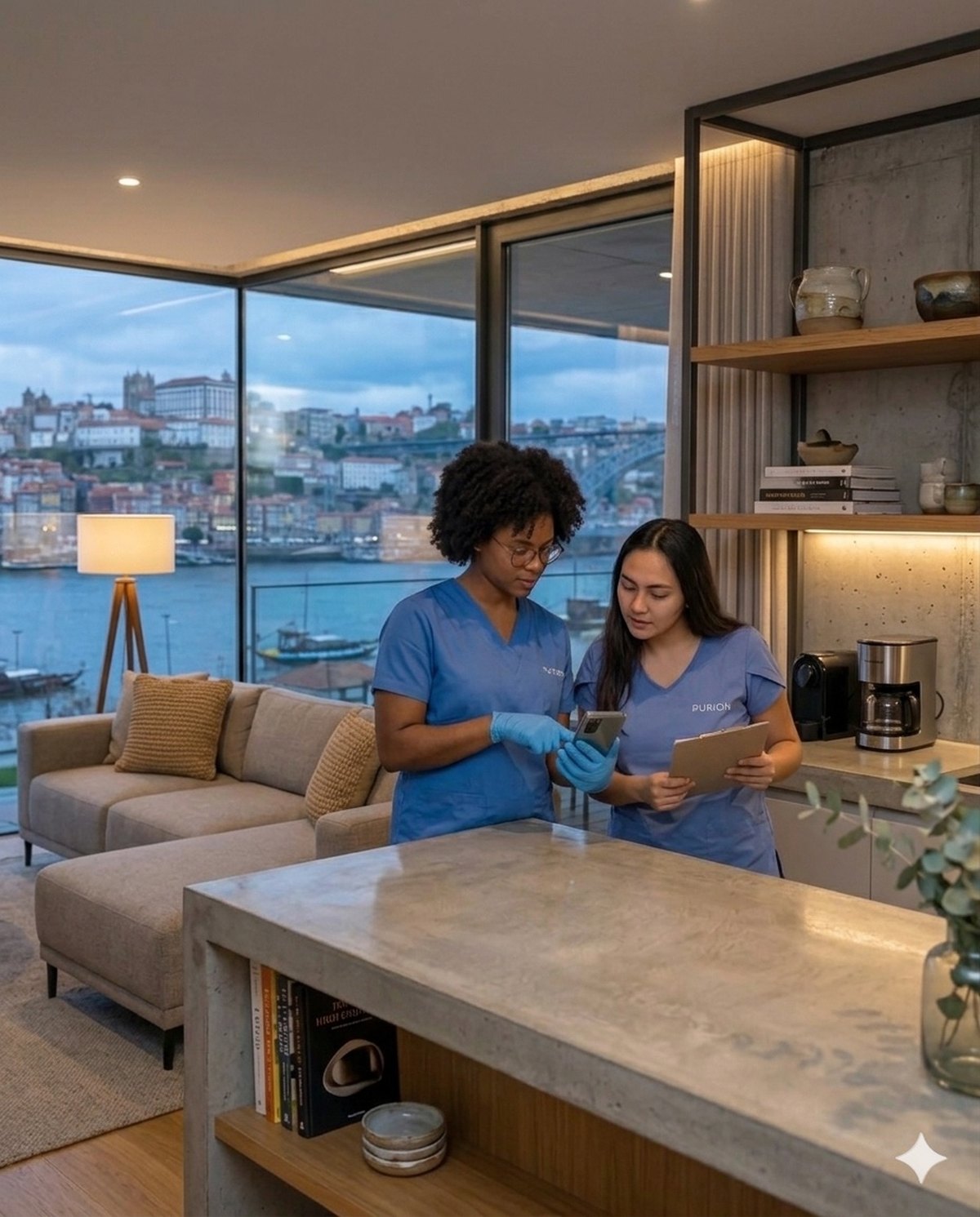 Funcionária Purion a utilizar a app para controlo de qualidade em limpeza profissional no Porto