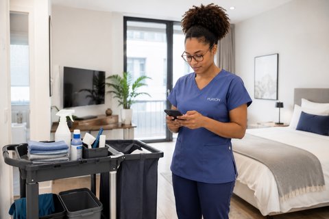 Profissional da Purion a acompanhar a operação de housekeeping num quarto de hotel