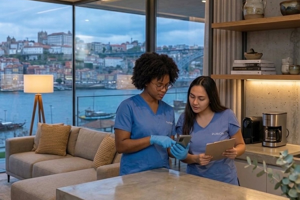 Duas profissionais da Purion a consultar as prioridades da operação num hotel no Porto
