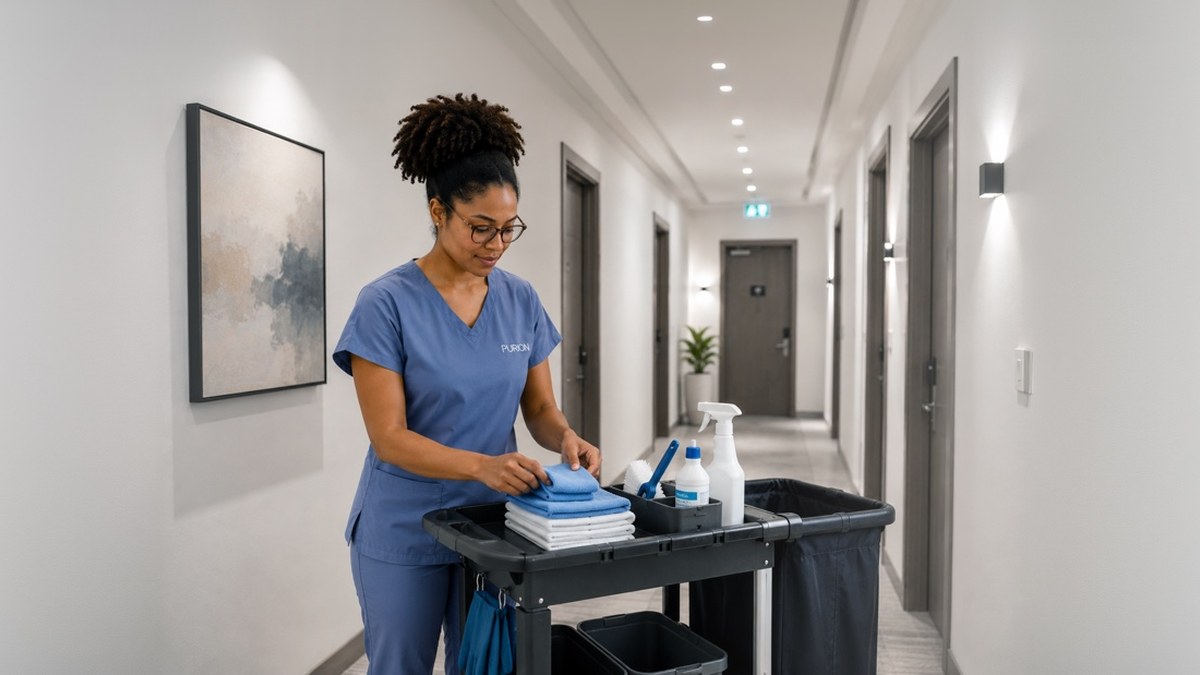 Funcionária de housekeeping a preparar carrinho de limpeza em corredor de hotel no Porto