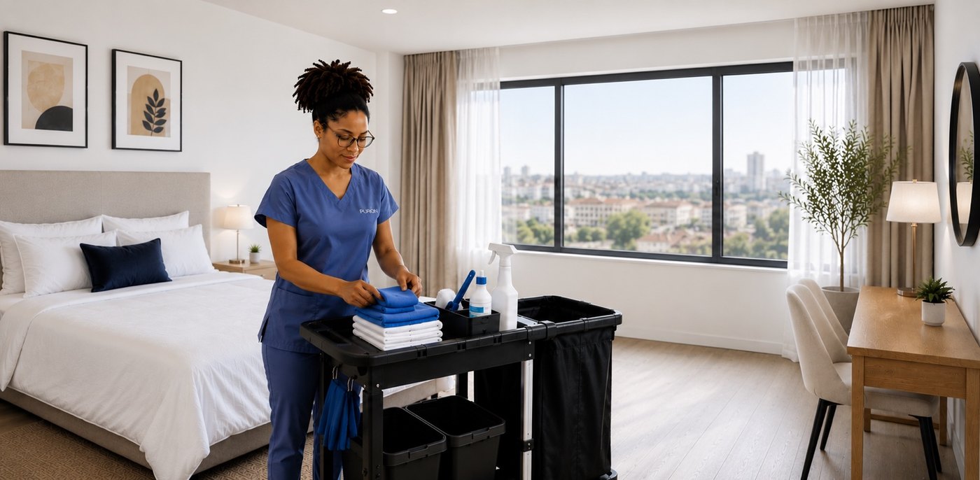Equipa Purion a preparar quarto e têxteis para limpeza de hotelaria no Porto