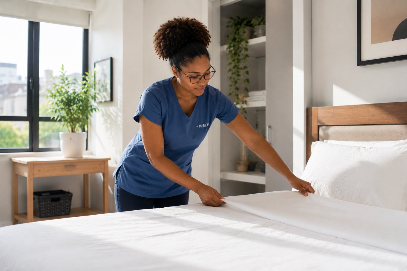Preparação de cama em hotel com atenção ao detalhe e revisão final
