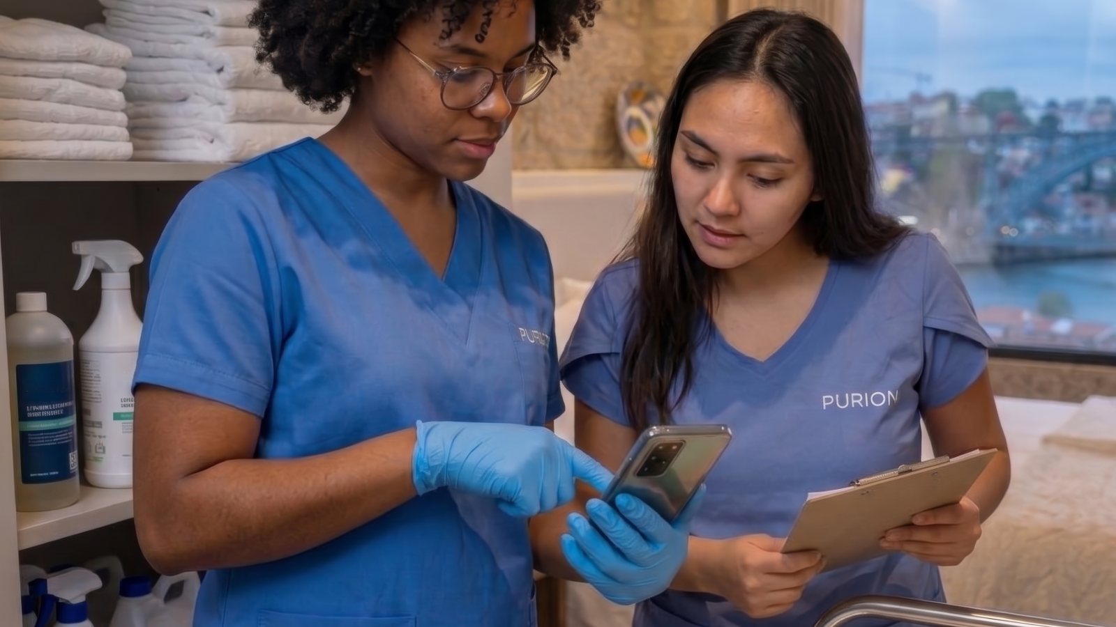 Equipa Purion a verificar checklist e registos de limpeza em Alojamento Local no Porto