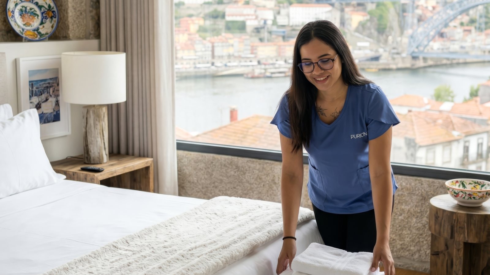 Equipa Purion a preparar toalhas e quarto para check-in em Alojamento Local no Porto