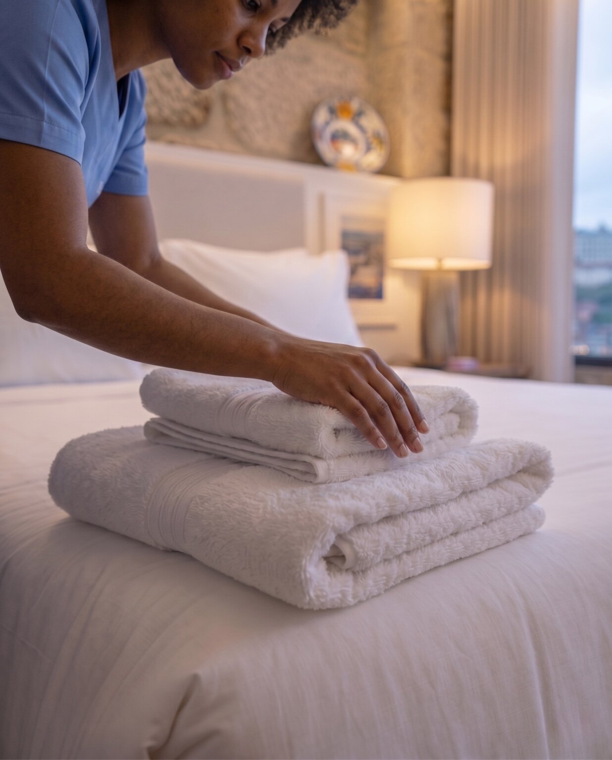 Toalhas preparadas sobre a cama antes do check-in em alojamento local