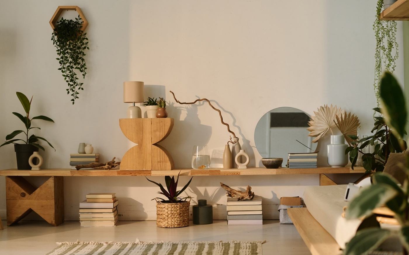 Sala organizada e luminosa com decoração natural e sensação de ordem