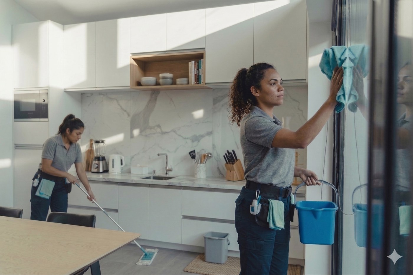 Equipa de limpeza a preparar cozinha e vidro antes do check-in num apartamento no Porto