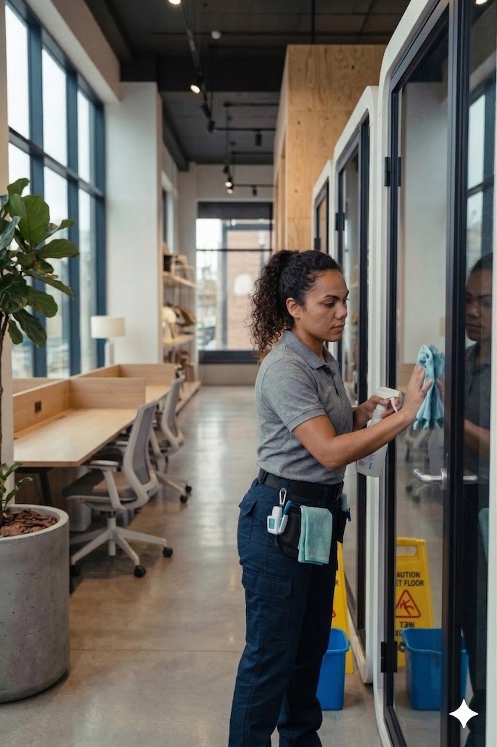 Profissional de limpeza a higienizar vidro num espaço empresarial com execução pontual