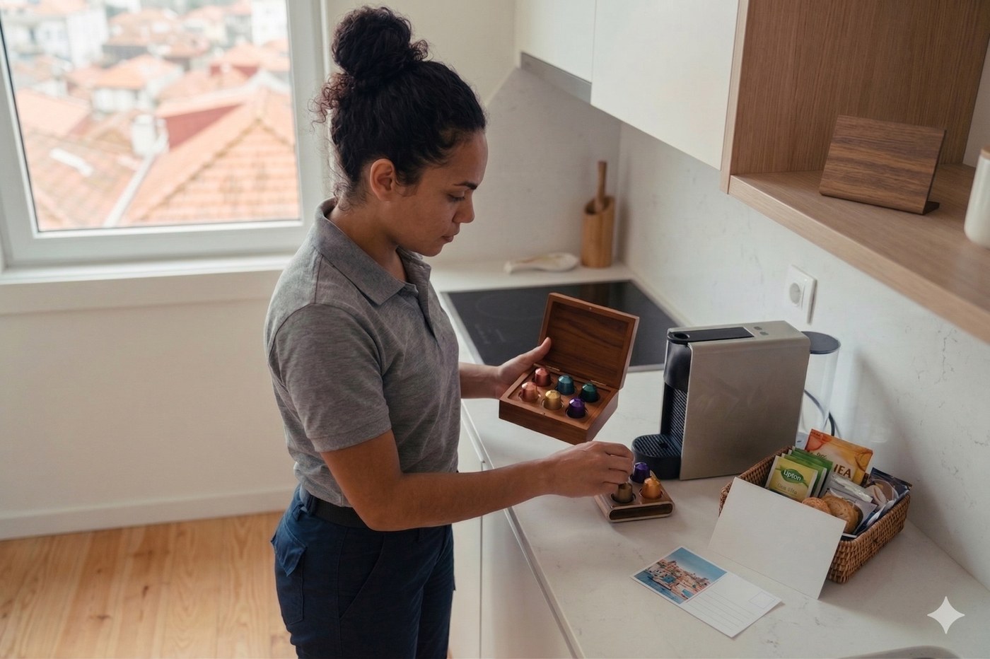 Profissional a repor cápsulas de café e amenities numa cozinha antes do check-in
