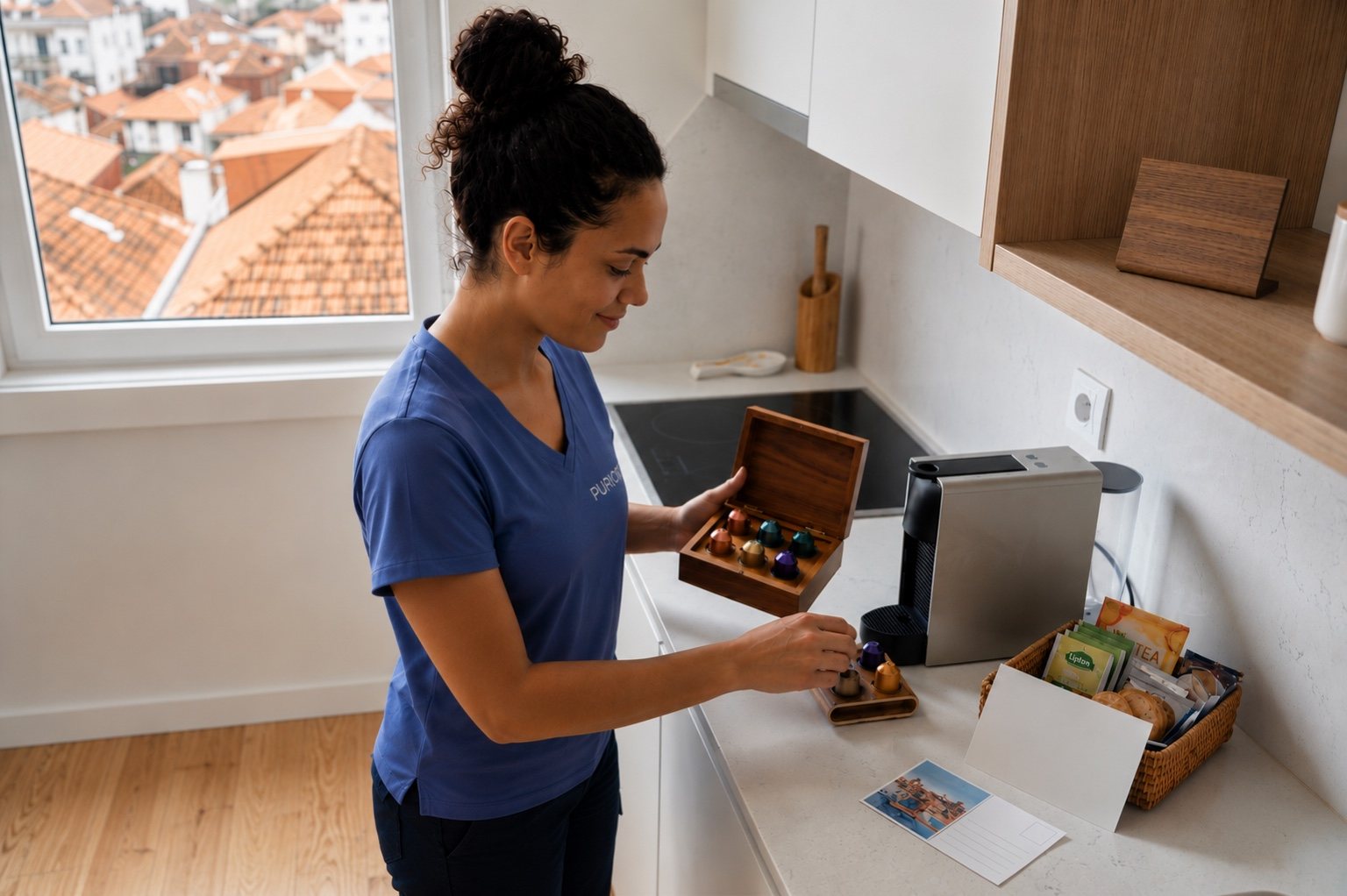 Funcionária da Purion a organizar amenities e cápsulas de café em alojamento local no Porto