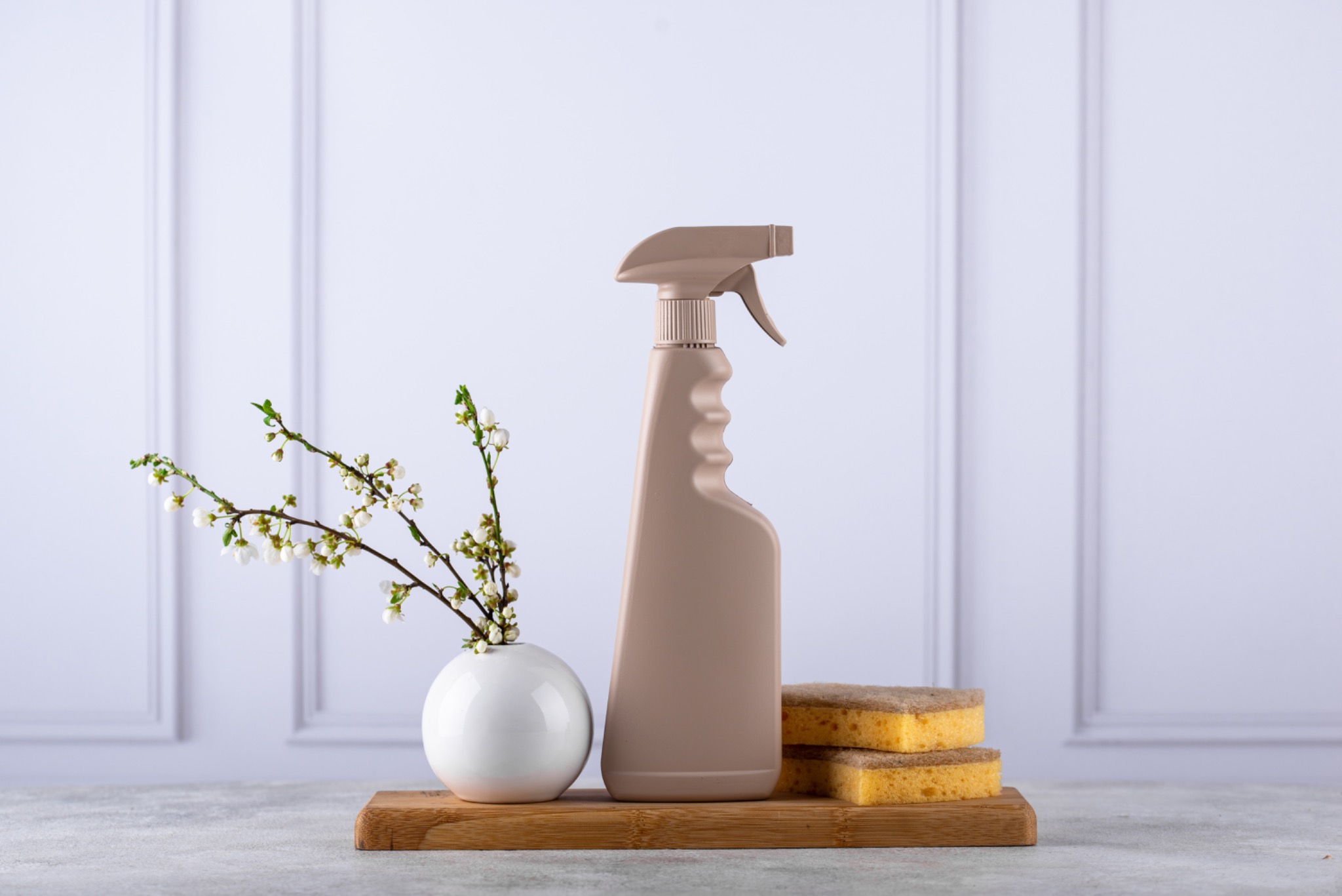 Frasco pulverizador e esponjas sobre bancada — produtos e materiais para hotelaria