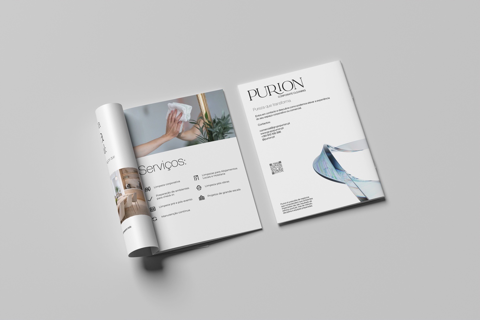 Página de serviços da Purion e contracapa da apresentação institucional