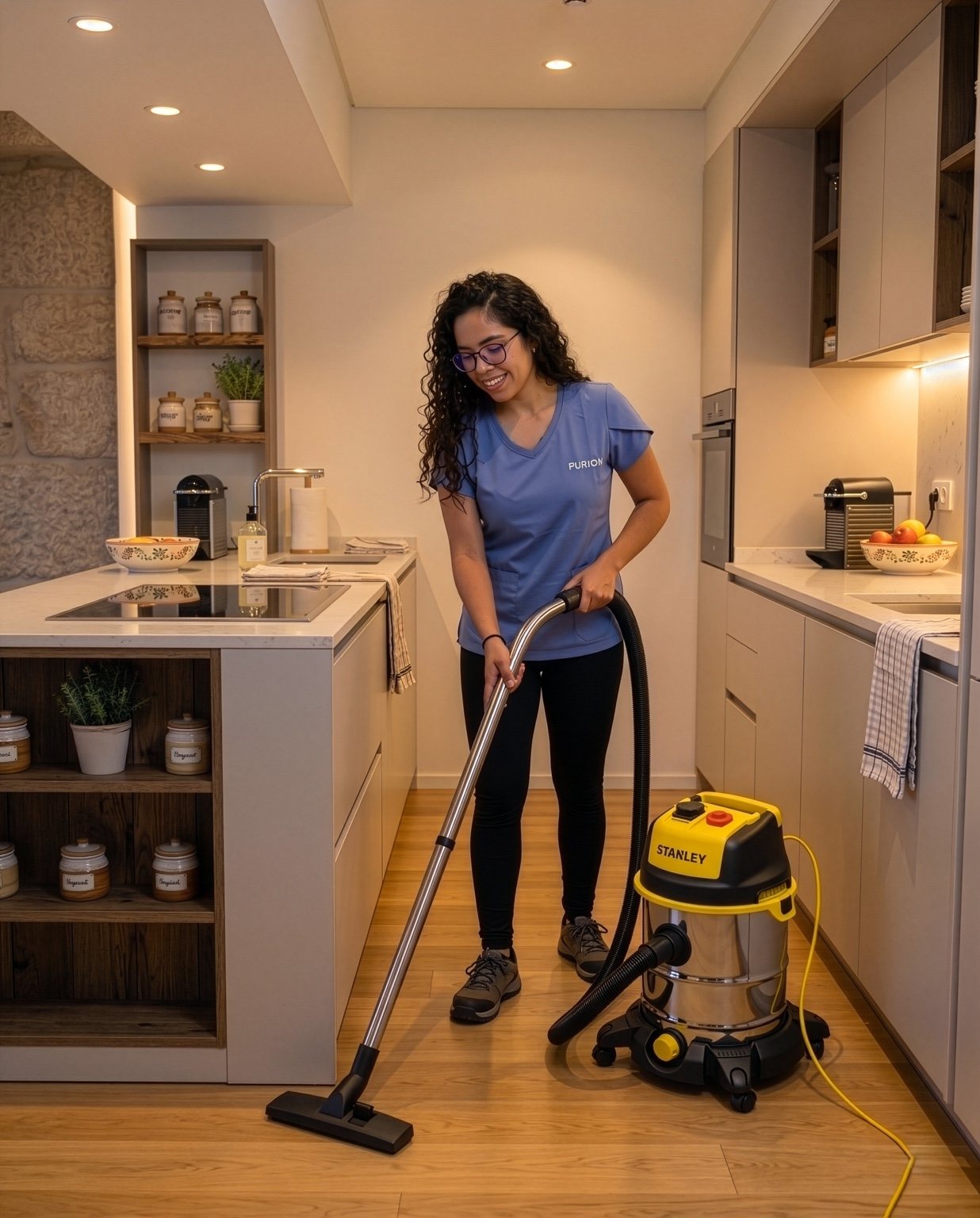 Profissional da Purion a aspirar cozinha de Alojamento Local no Porto