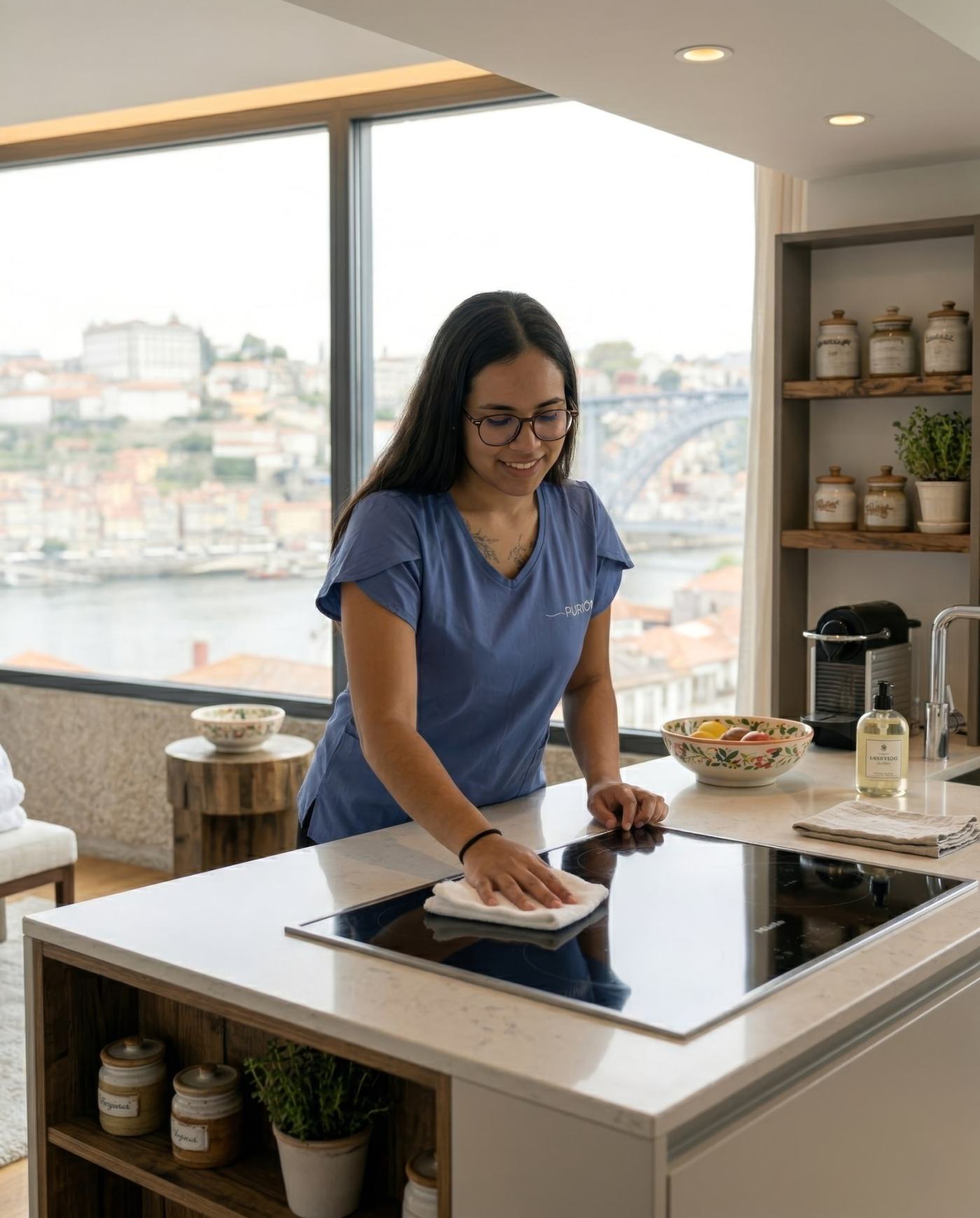 Profissional da Purion a higienizar a placa da cozinha num alojamento com vista sobre o Douro