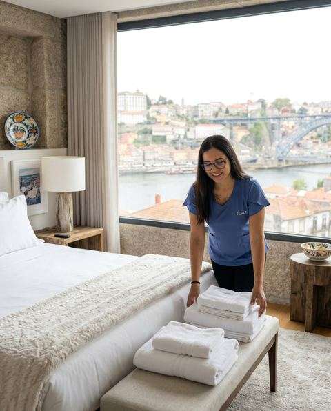 Profissional da Purion a preparar um quarto de Airbnb no Porto antes do check-in