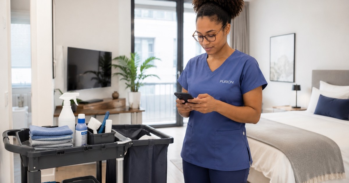 Profissional da Purion a acompanhar uma operação de housekeeping num quarto de hotel