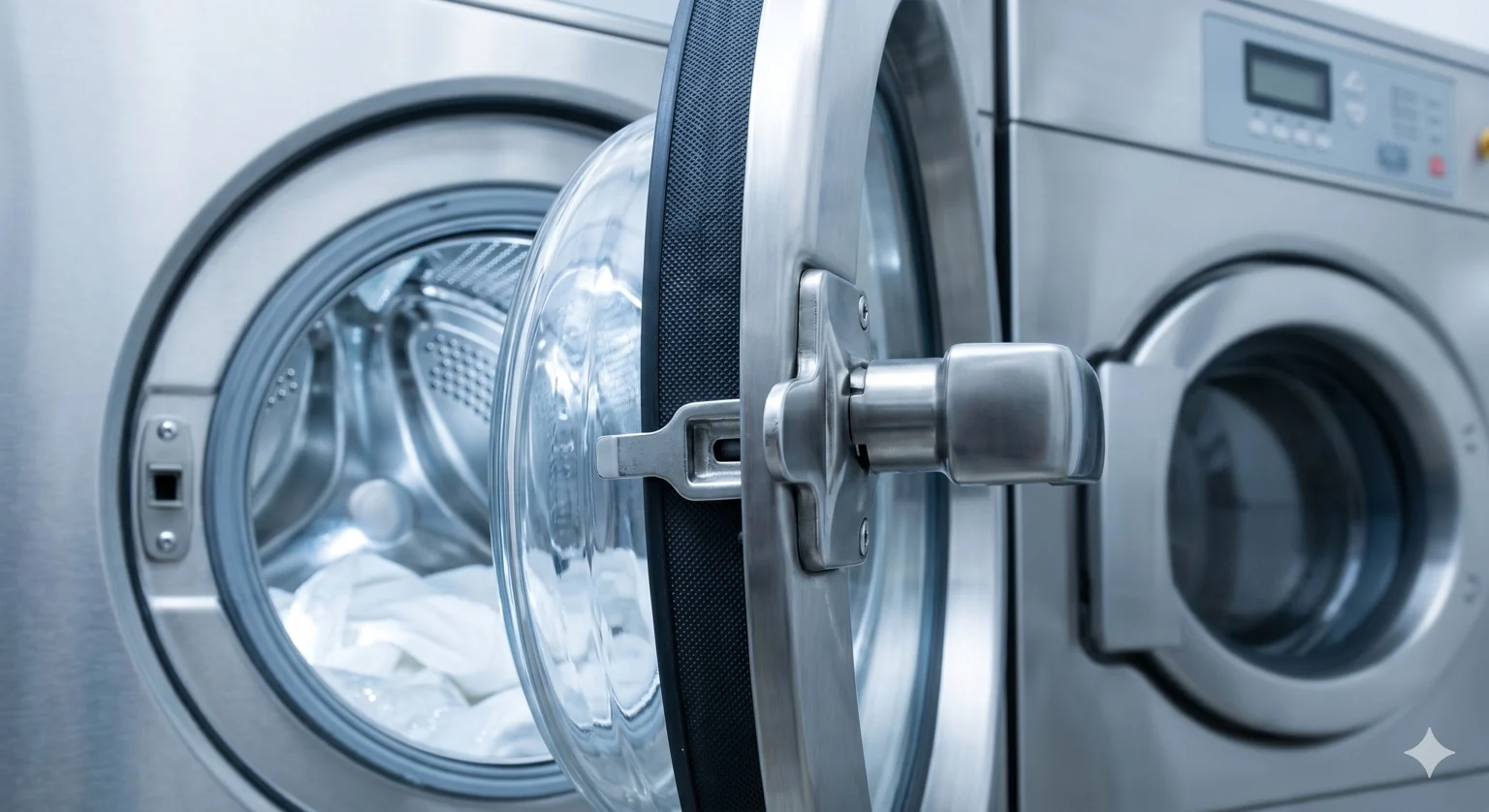 Detalhe de máquina profissional de lavandaria com porta aberta e têxteis brancos
