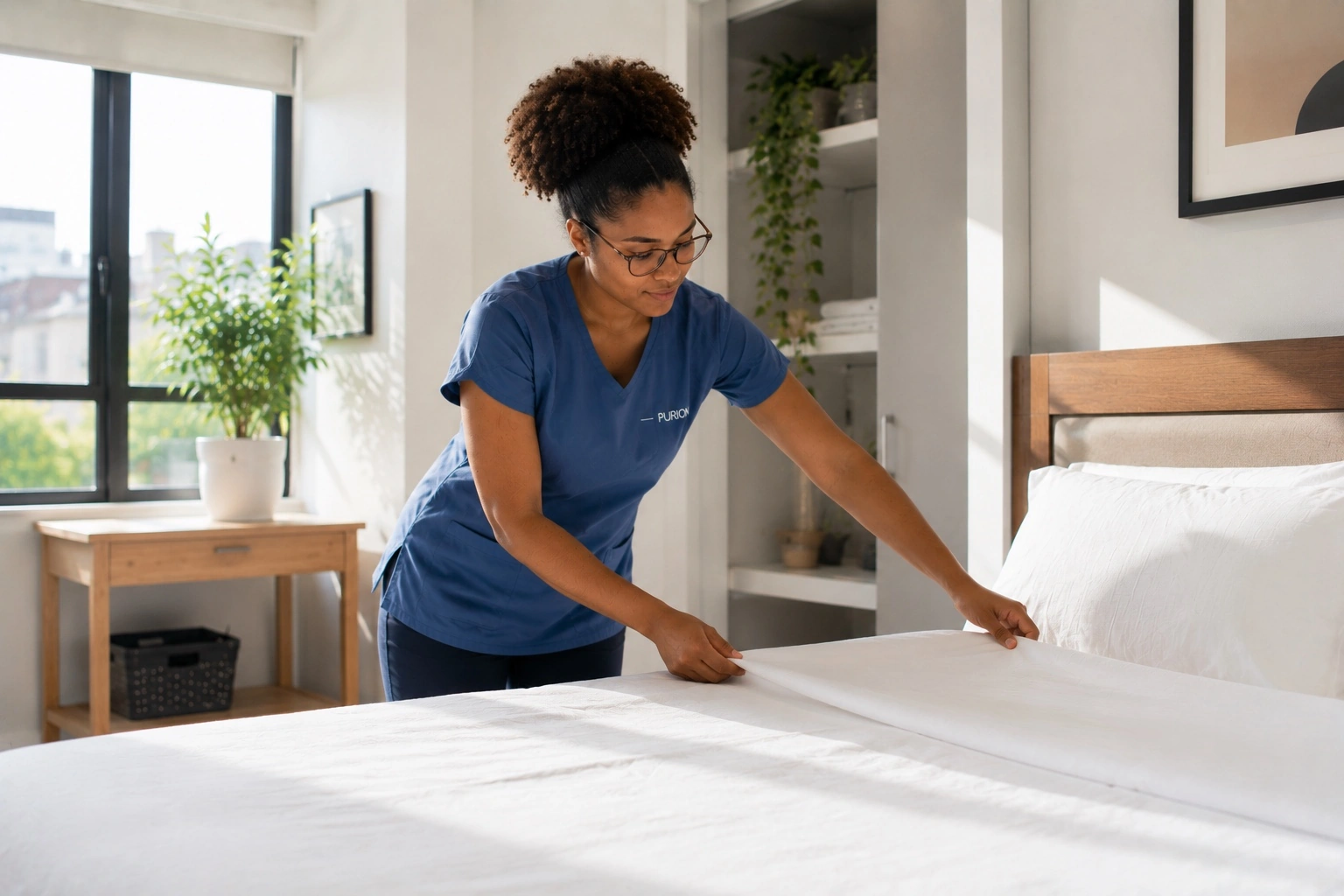 Funcionária Purion a preparar roupa de cama num Alojamento Local
